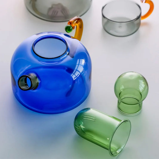 Contrasting Color Heat Resistant Glass Teapot and CupstevanaaContrasting Color Heat Resistant Glass Teapot and Cups