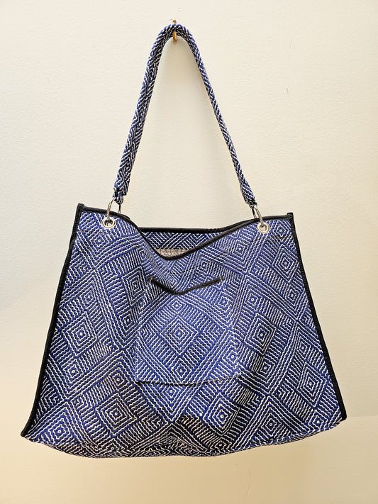 Recycled Cotton Kantha Tote - Blue Diamond