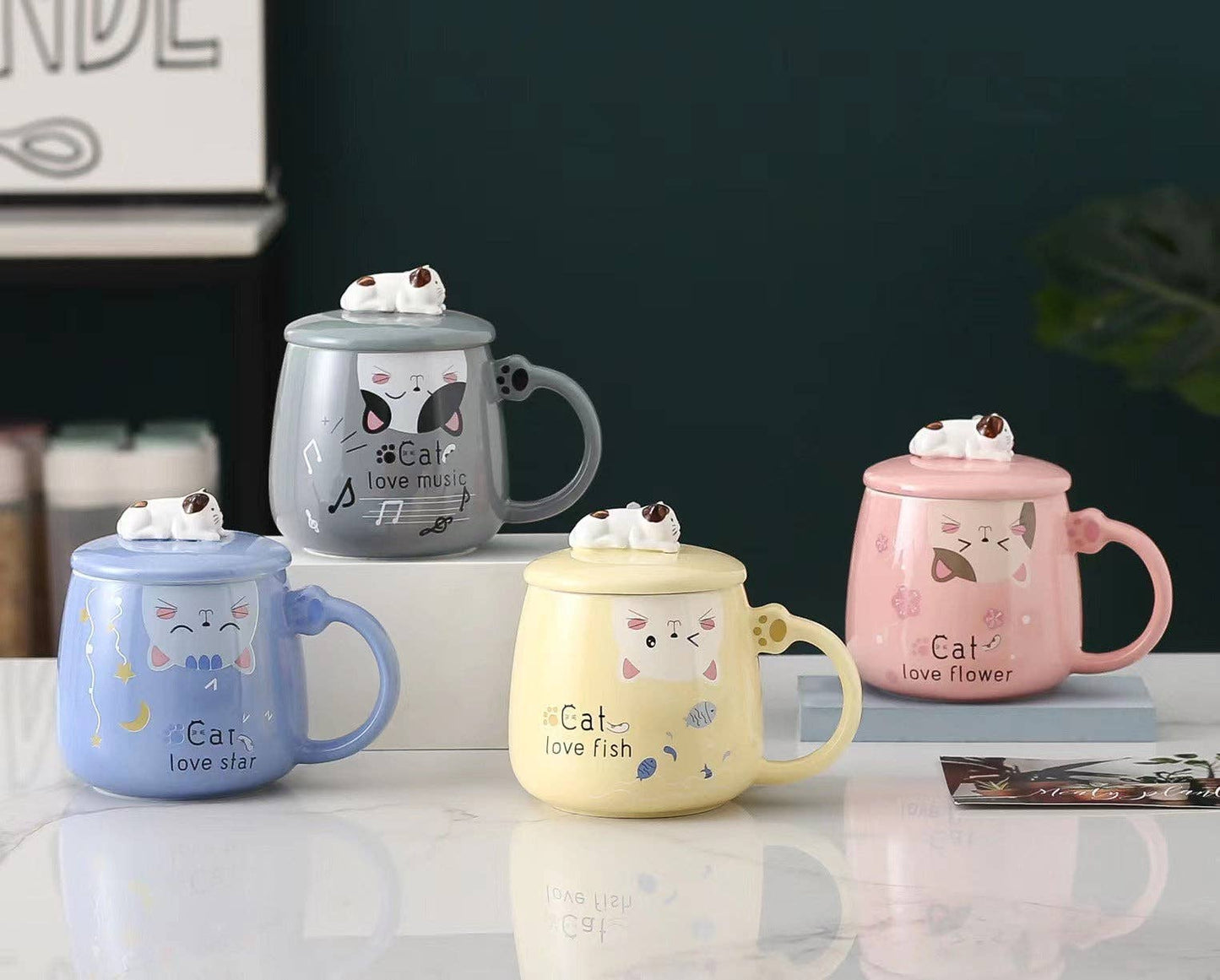 Cat Love Fish Mug With Lid and SpoontevanaaCat Love Fish Mug With Lid and Spoon