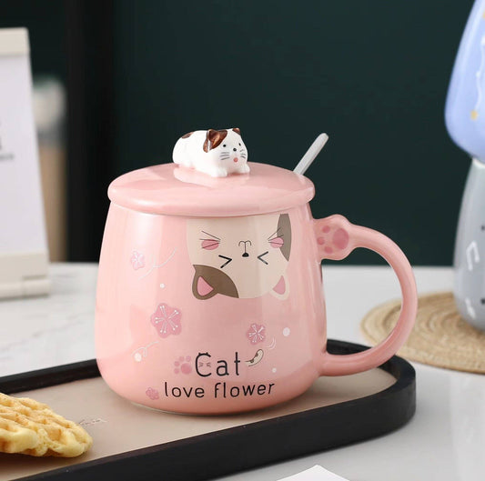 Cat Love Flower Mug With Lid and SpoontevanaaCat Love Flower Mug With Lid and Spoon