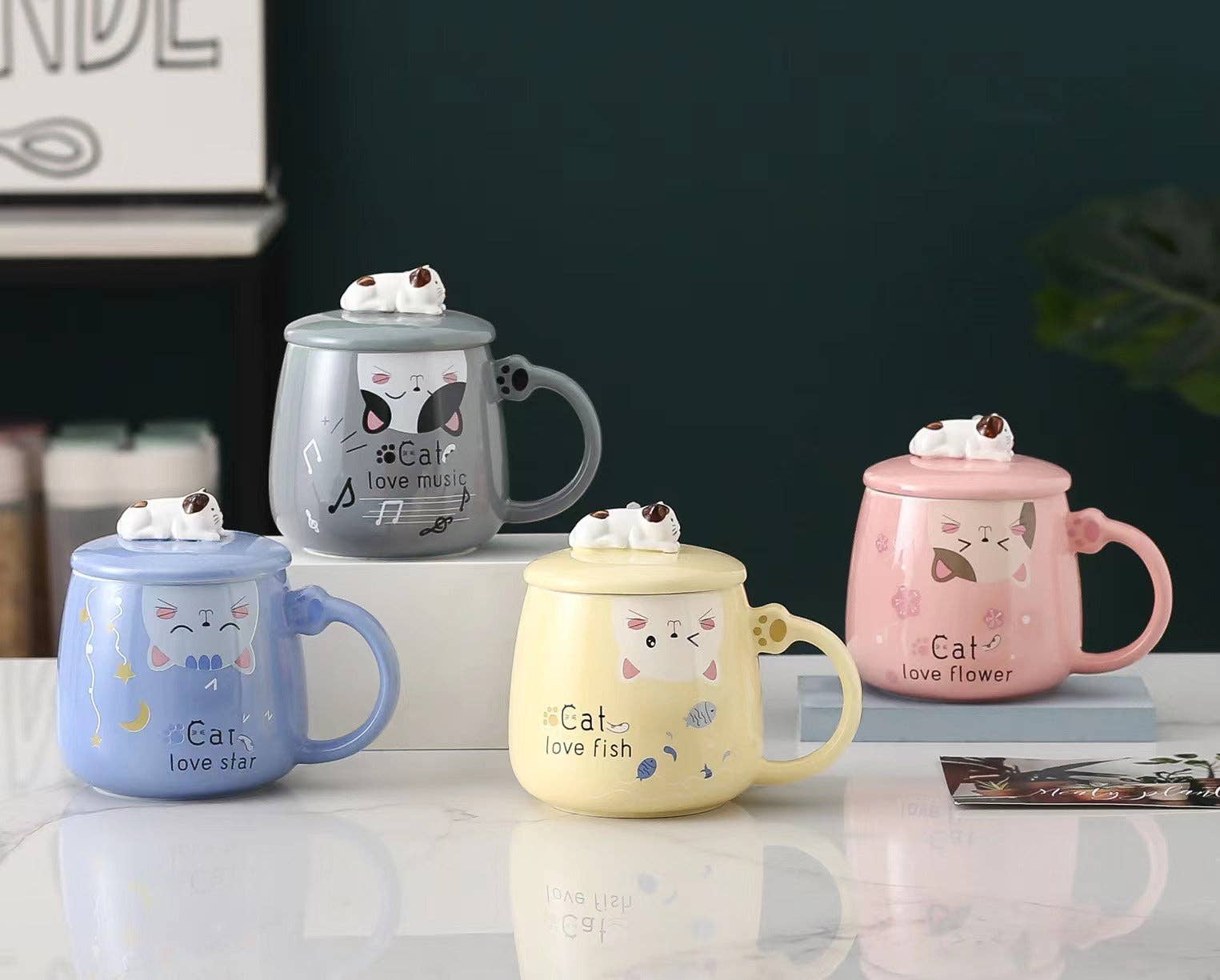 Cat Love Flower Mug With Lid and SpoontevanaaCat Love Flower Mug With Lid and Spoon