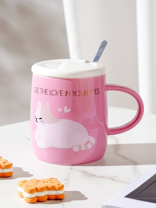 Cat Love Mug With Lid and Spoon - PinktevanaaCat Love Mug With Lid and Spoon - Pink