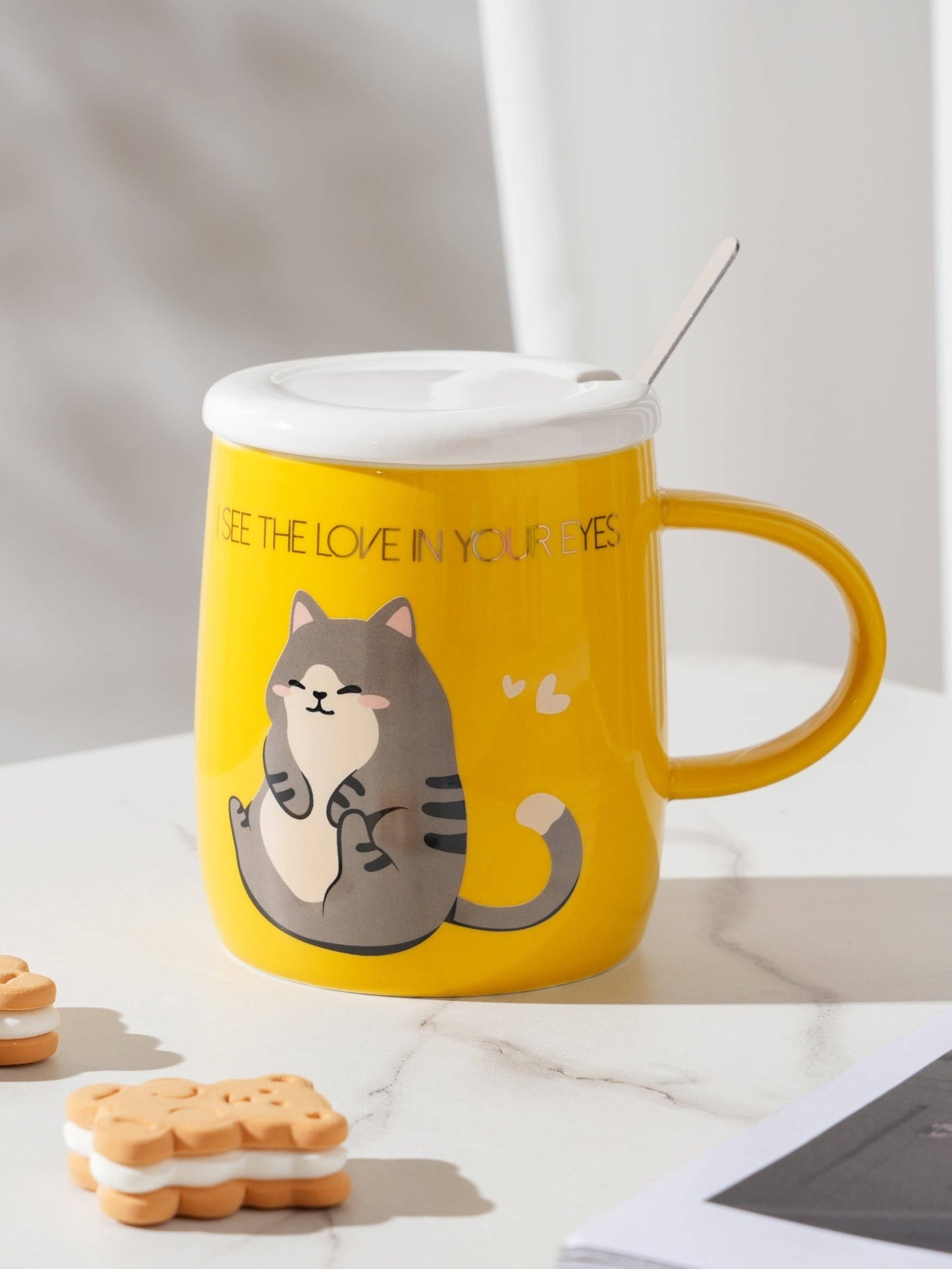 Cat Love Mug With Lid and Spoon - YellowtevanaaCat Love Mug With Lid and Spoon - Yellow