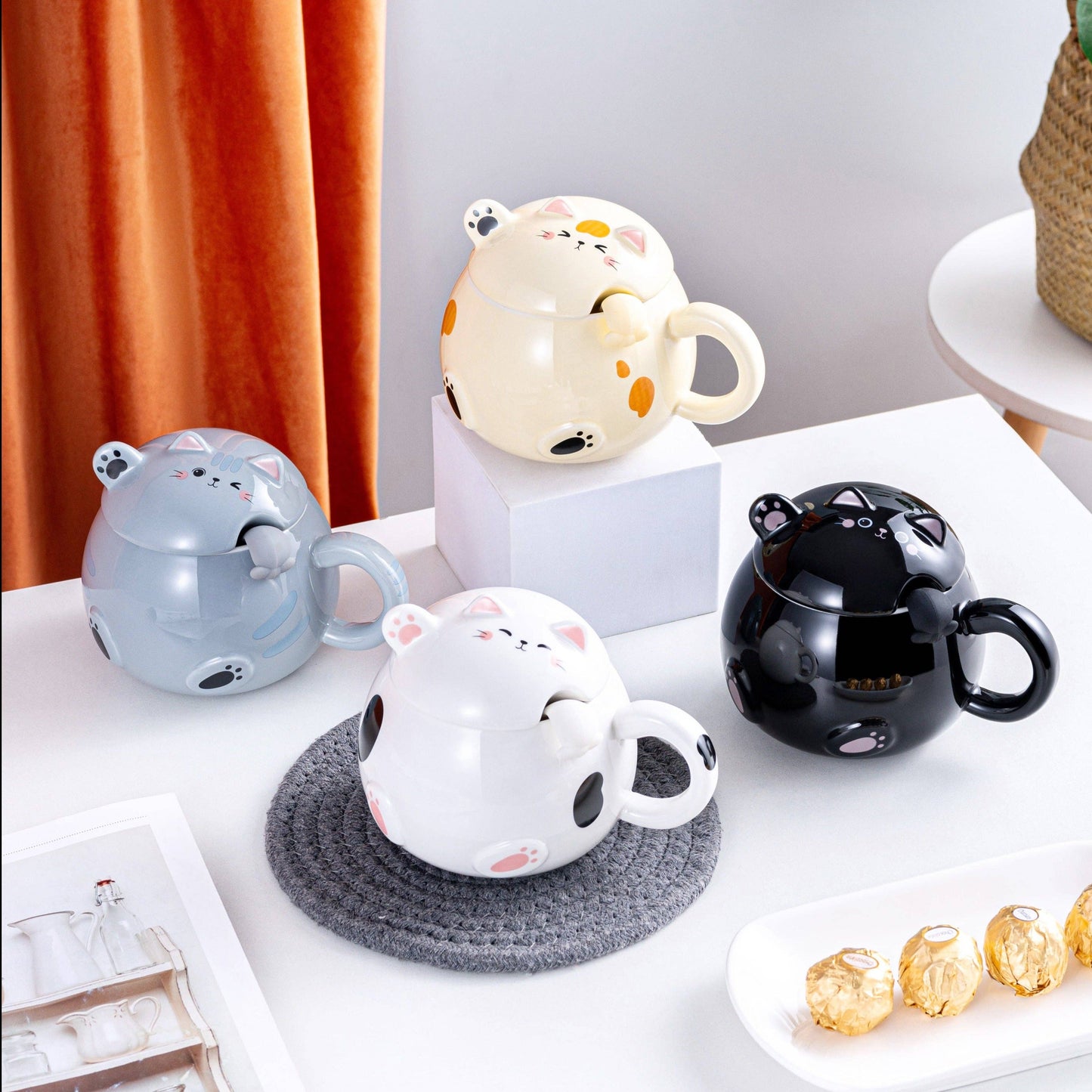 Whimsy Cat Mug With Lid and Spoon - White