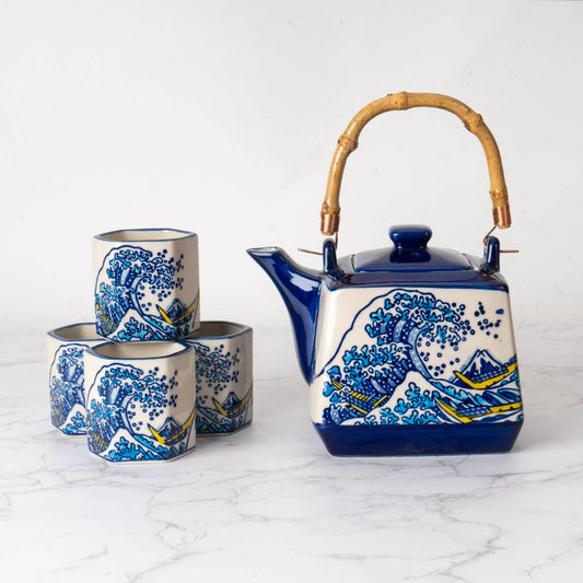 Great Wave Tea Set 20oz Tea Pot with 4 Hexagon CupstevanaaGreat Wave Tea Set 20oz Tea Pot with 4 Hexagon Cups