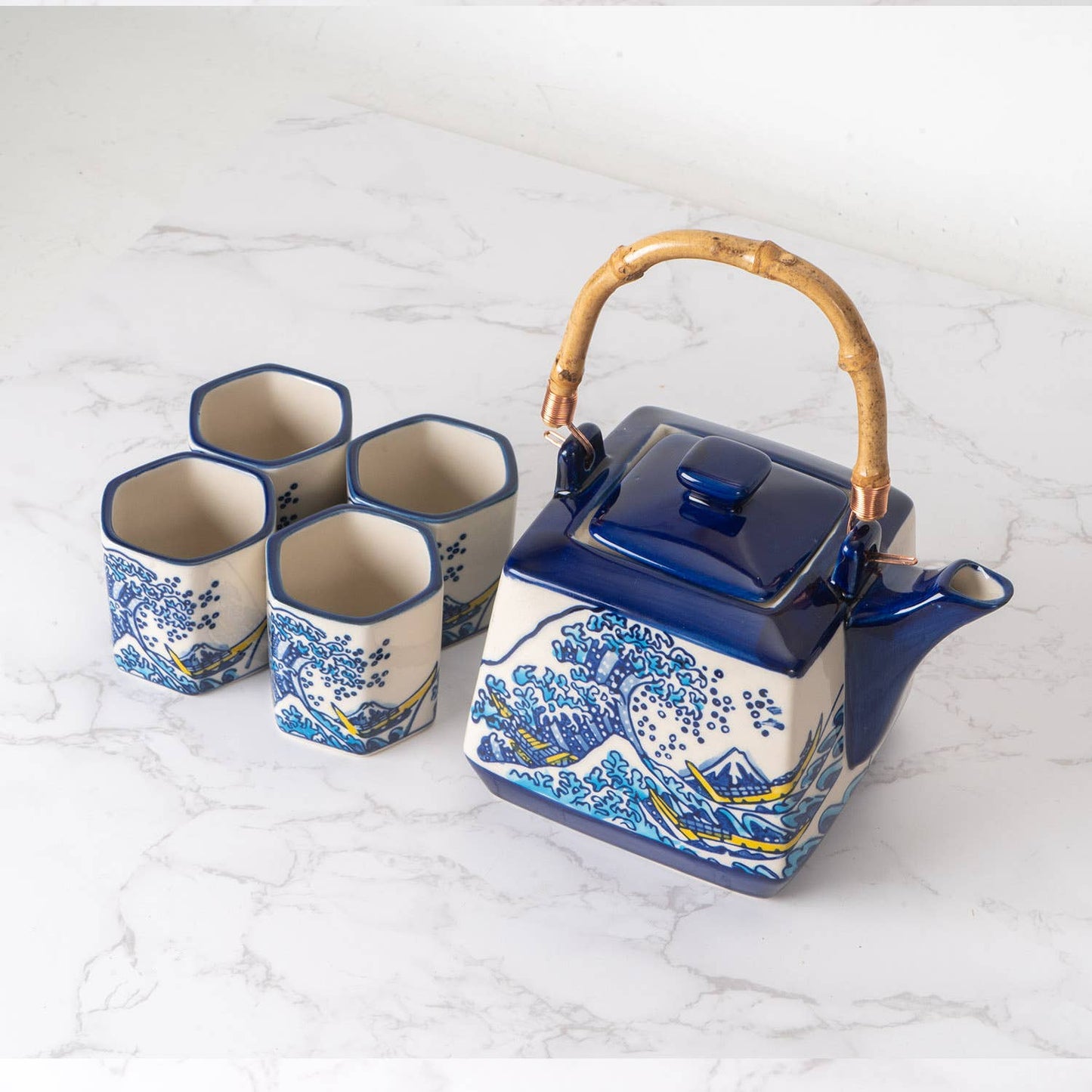 Great Wave Tea Set 20oz Tea Pot with 4 Hexagon CupstevanaaGreat Wave Tea Set 20oz Tea Pot with 4 Hexagon Cups