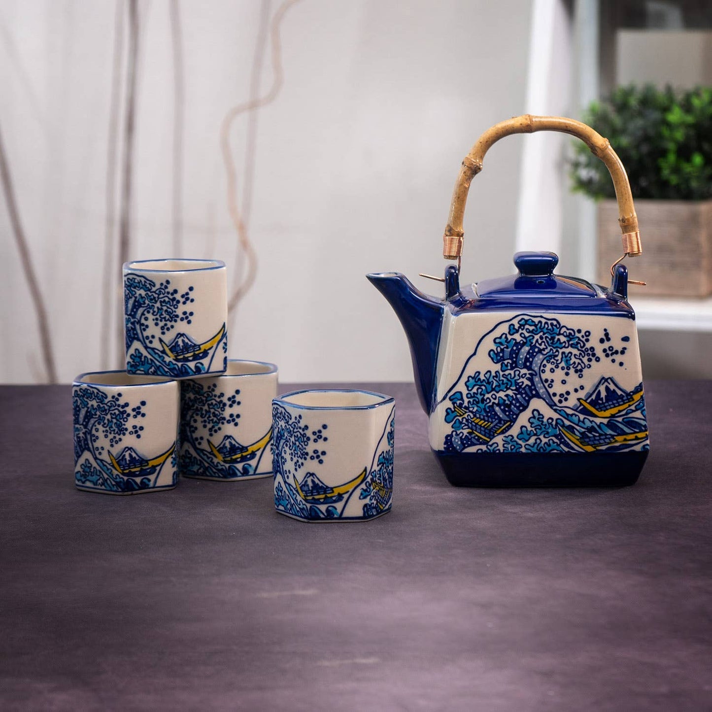 Great Wave Tea Set 20oz Tea Pot with 4 Hexagon CupstevanaaGreat Wave Tea Set 20oz Tea Pot with 4 Hexagon Cups