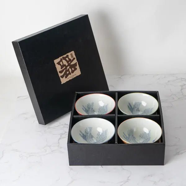 Japanese 4 Piece Rice Bowl Gift Set - CranetevanaaJapanese 4 Piece Rice Bowl Gift Set - Crane