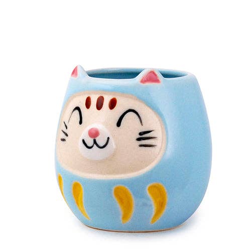 Japanese Daruma Cat Yunomi Style Tea Mug BluetevanaaJapanese Daruma Cat Yunomi Style Tea Mug Blue