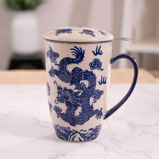 Porcelain Tea Mug with Infuser - Oriental Ryu DragontevanaaPorcelain Tea Mug with Infuser - Oriental Ryu Dragon