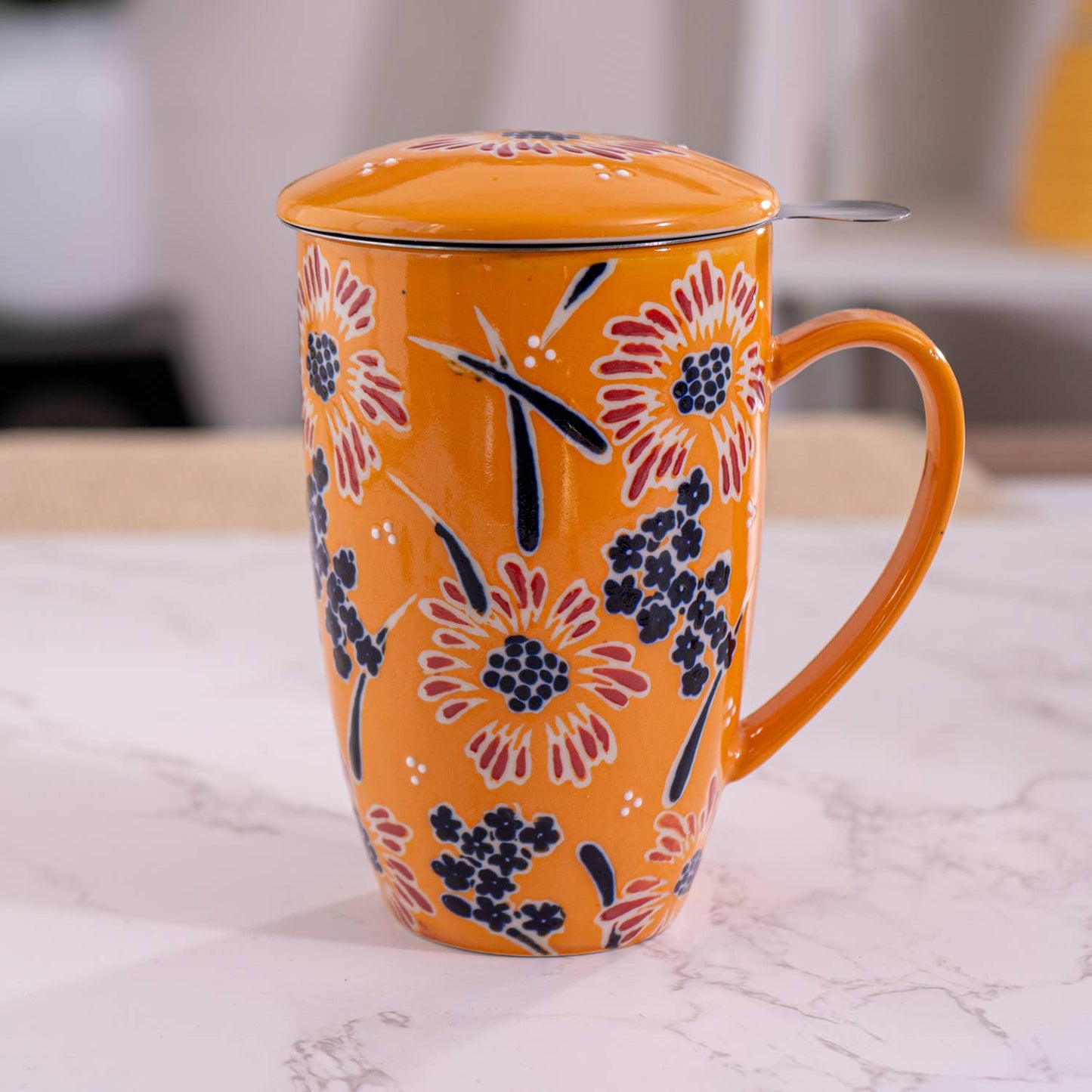 Porcelain Tea Mug with Infuser - Yellow FlowertevanaaPorcelain Tea Mug with Infuser - Yellow Flower