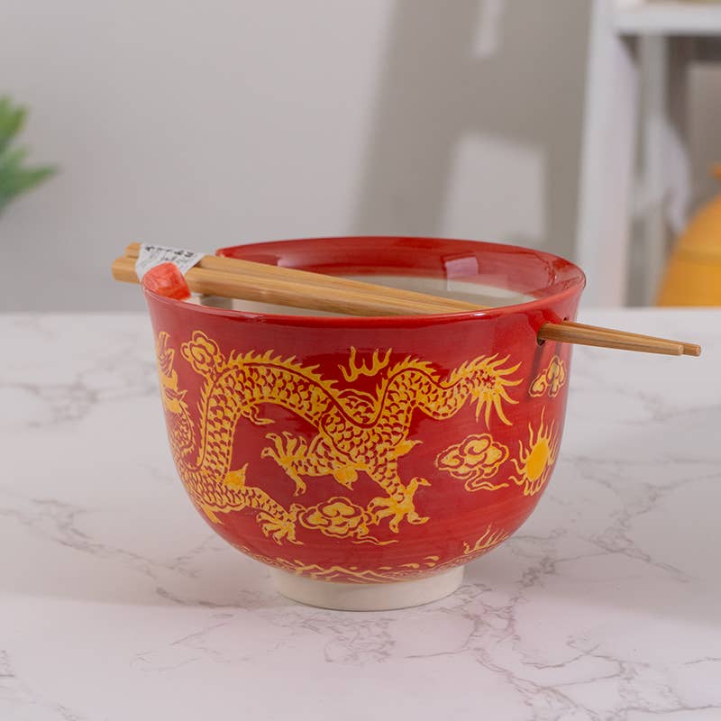 Red Dragon Design 18oz 5.25"D Bowl With Chopsticks SettevanaaRed Dragon Design 18oz 5.25"D Bowl With Chopsticks Set