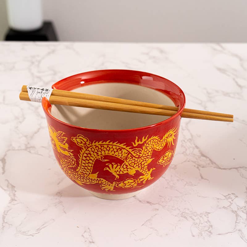 Red Dragon Design 18oz 5.25"D Bowl With Chopsticks SettevanaaRed Dragon Design 18oz 5.25"D Bowl With Chopsticks Set