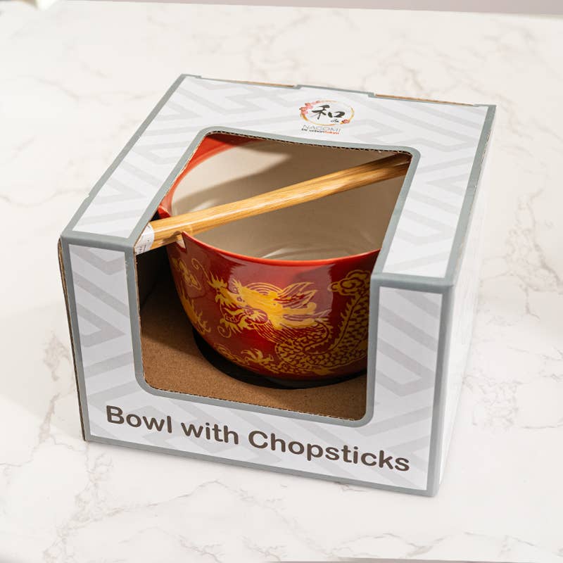 Red Dragon Design 18oz 5.25"D Bowl With Chopsticks SettevanaaRed Dragon Design 18oz 5.25"D Bowl With Chopsticks Set