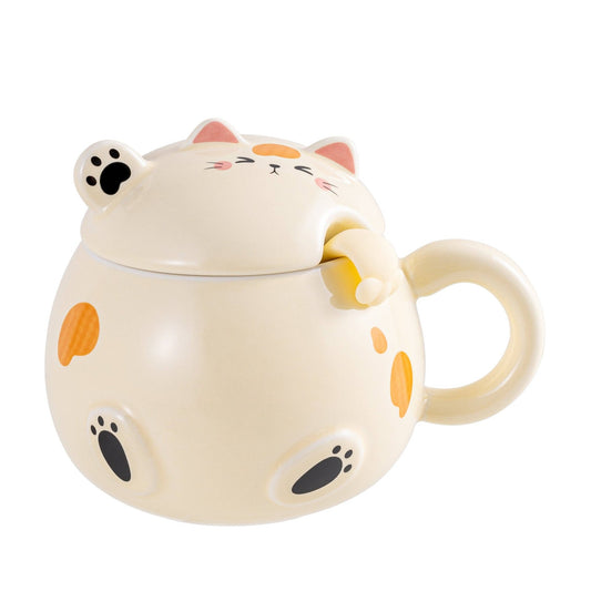 Whimsy Cat Mug With Lid and Spoon - CreamtevanaaWhimsy Cat Mug With Lid and Spoon - Cream