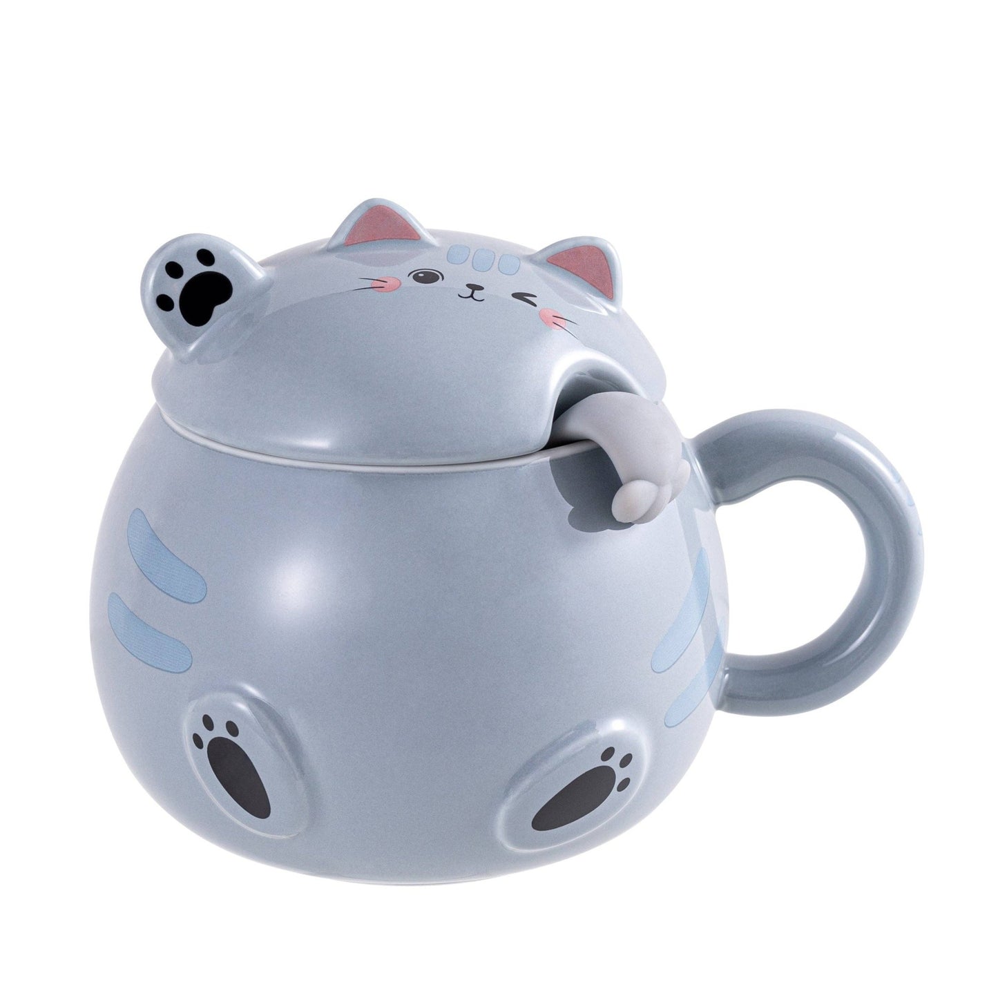 Whimsy Cat Mug With Lid and Spoon - GraytevanaaWhimsy Cat Mug With Lid and Spoon - Gray